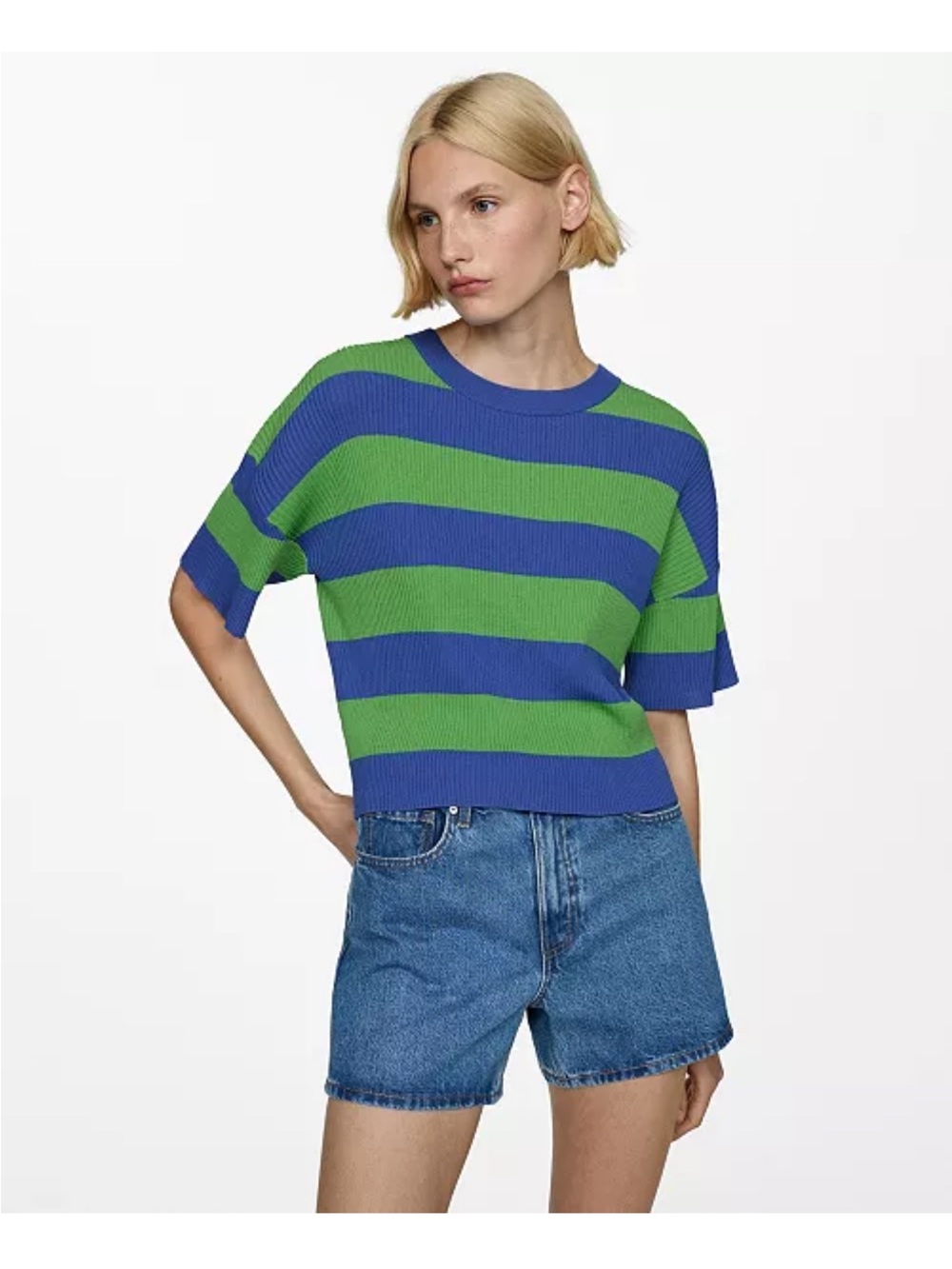 Mango Blue and Green Striped Short-Sleeve Knit Top